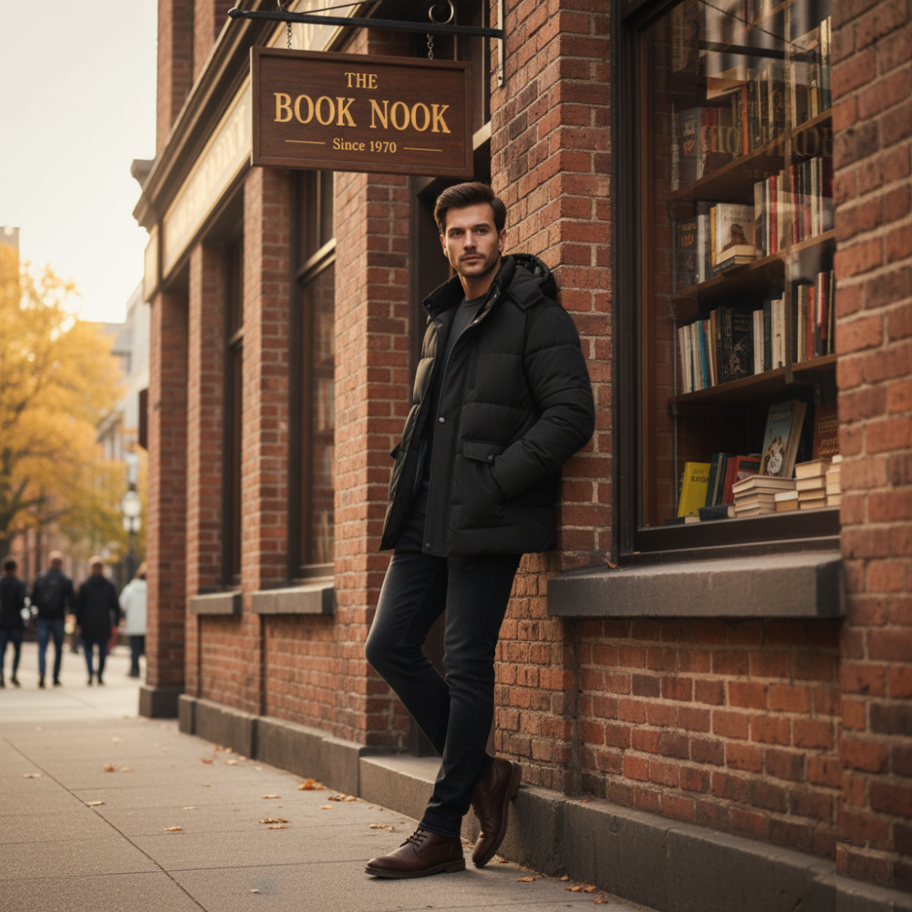 Mens Zipper Puffer Jacket with Full Faux Fur Inner Lining