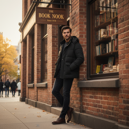 Mens Zipper Puffer Jacket with Full Faux Fur Inner Lining