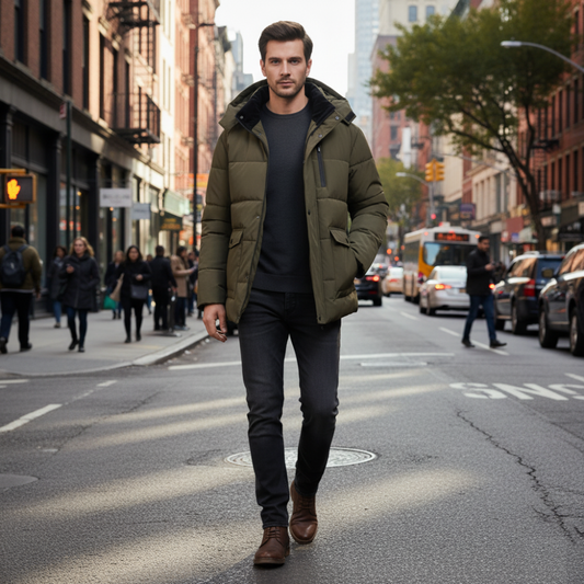 Mens Zipper Puffer Jacket with Full Faux Fur Inner Lining