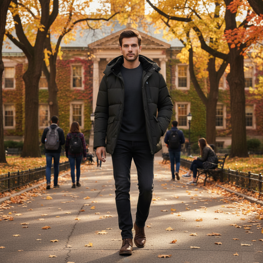 Mens Zipper Puffer Jacket with Full Faux Fur Inner Lining