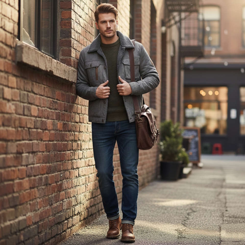 Mens Faux Suede Zipper Jacket with Faux Shearing Inner