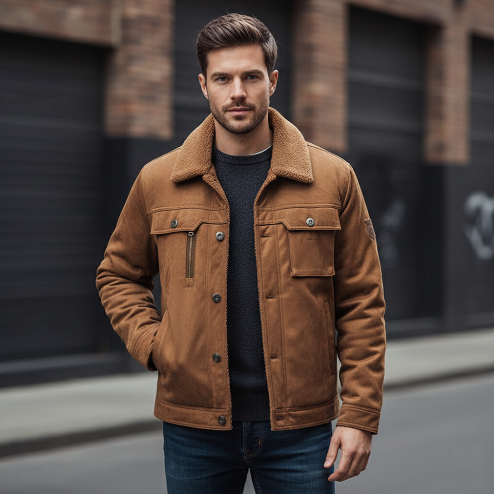 Mens Faux Suede Zipper Jacket with Faux Shearing Inner