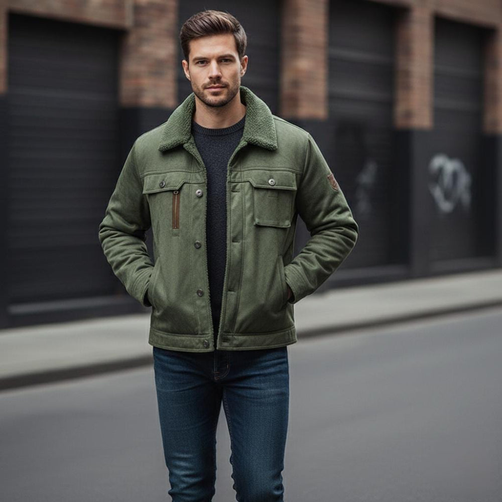 Mens Faux Suede Zipper Jacket with Faux Shearing Inner