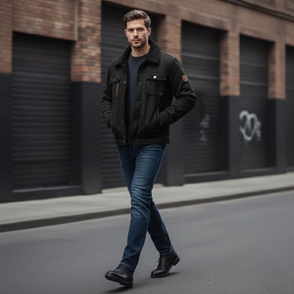 Mens Faux Suede Zipper Jacket with Faux Shearing Inner