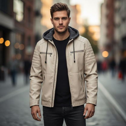 Mens Vegan Leather Hooded Jacket With Inner Faux Fur Lining