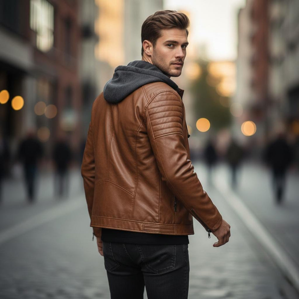 Mens Vegan Leather Hooded Jacket With Inner Faux Fur Lining