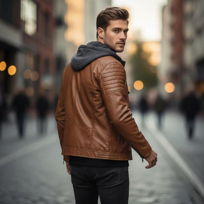 Mens Vegan Leather Hooded Jacket With Inner Faux Fur Lining