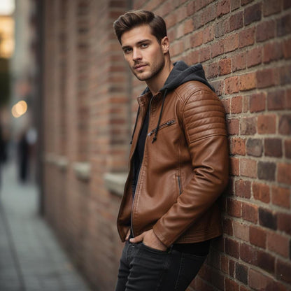 Mens Vegan Leather Hooded Jacket With Inner Faux Fur Lining