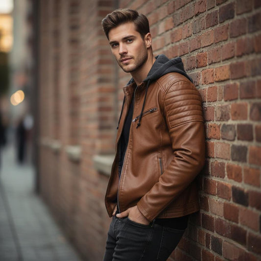 Mens Vegan Leather Hooded Jacket With Inner Faux Fur Lining