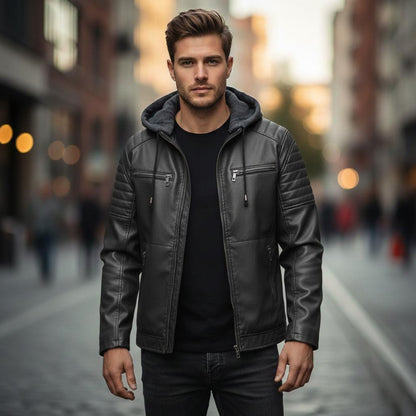 Mens Vegan Leather Hooded Jacket With Inner Faux Fur Lining