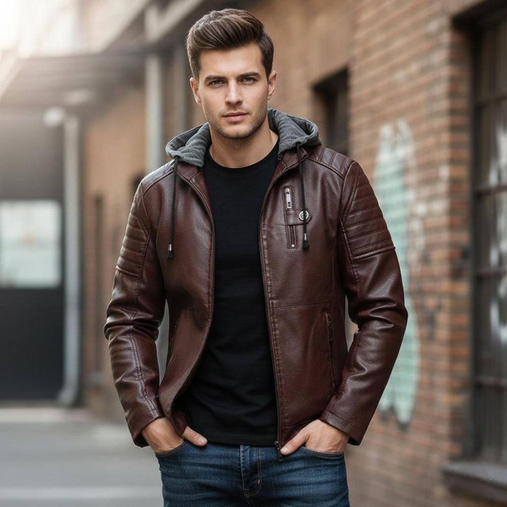 Mens Vegan Leather Hooded Jacket With Inner Faux Fur Lining