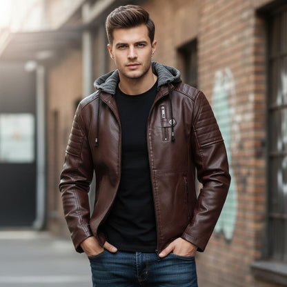 Mens Vegan Leather Hooded Jacket With Inner Faux Fur Lining