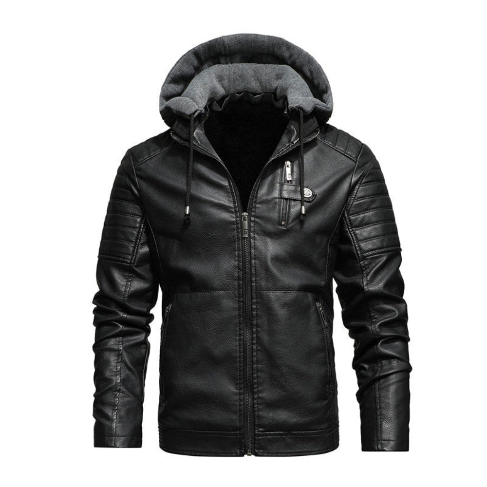 Mens Vegan Leather Hooded Jacket With Inner Faux Fur Lining