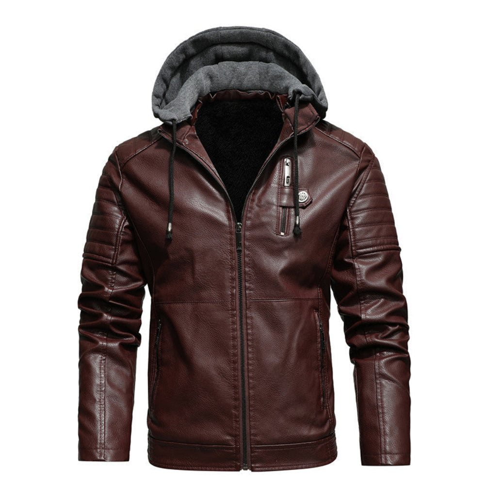 Mens Vegan Leather Hooded Jacket With Inner Faux Fur Lining