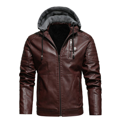 Mens Vegan Leather Hooded Jacket With Inner Faux Fur Lining