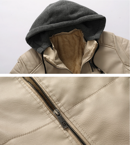 Mens Vegan Leather Hooded Jacket With Inner Faux Fur Lining