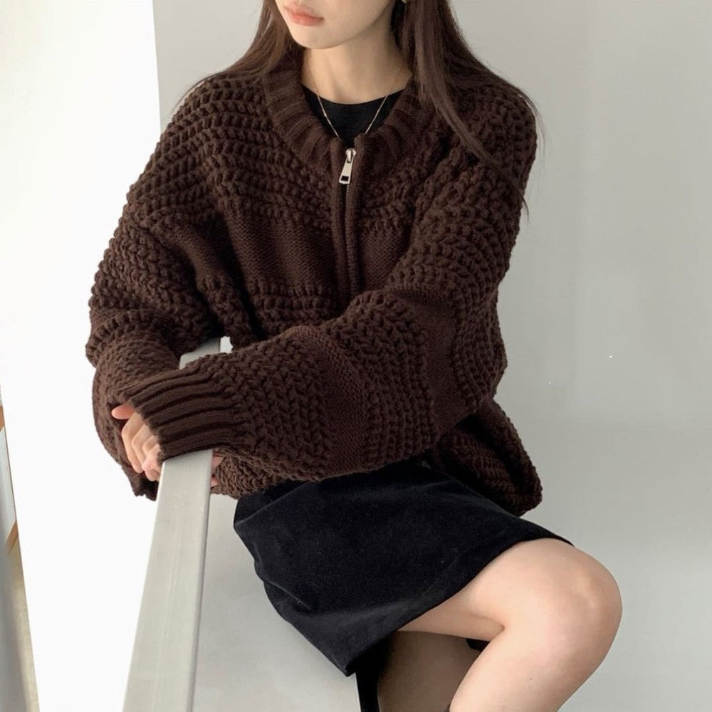 Womens Double Zip Chunky Knit Cardigan