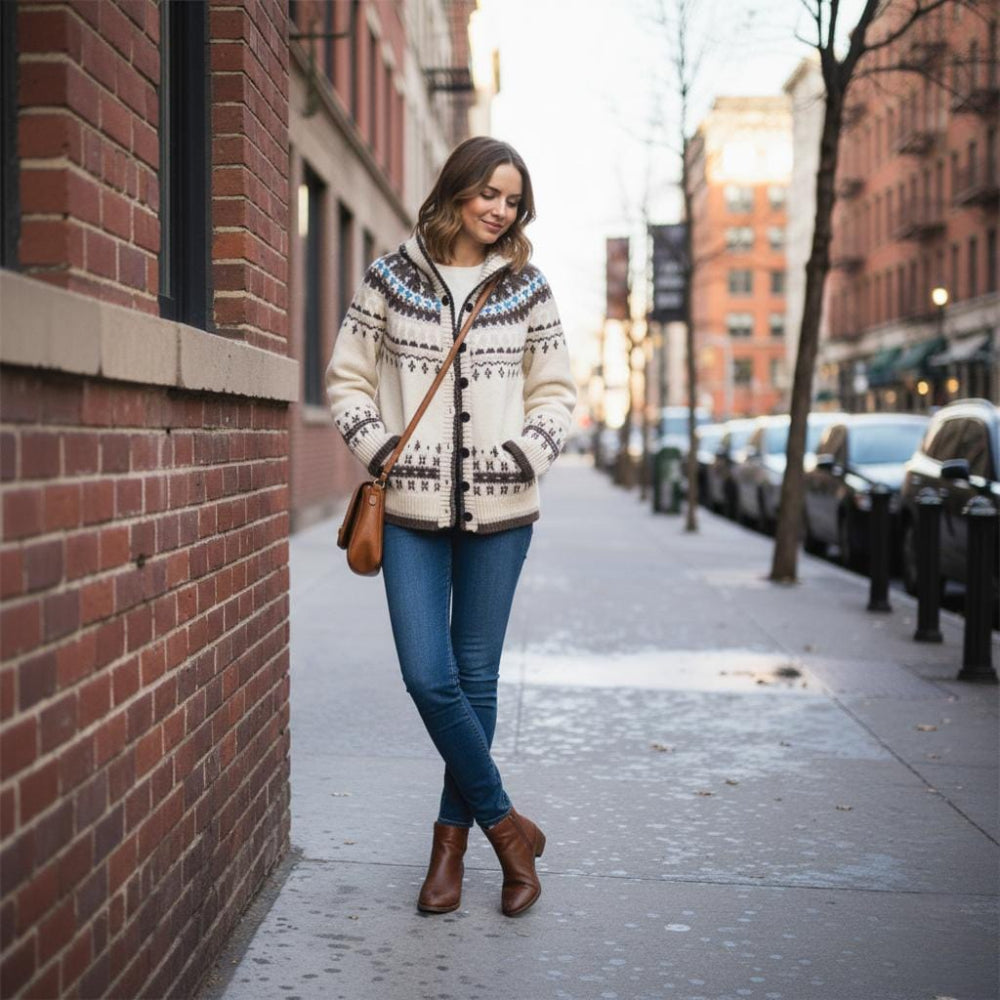 Womens Jacquard Hooded Cardigan