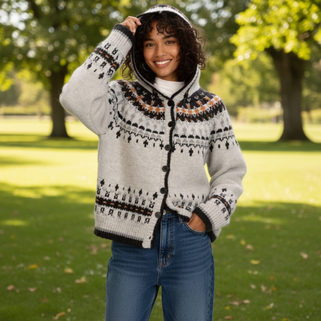 Womens Jacquard Hooded Cardigan