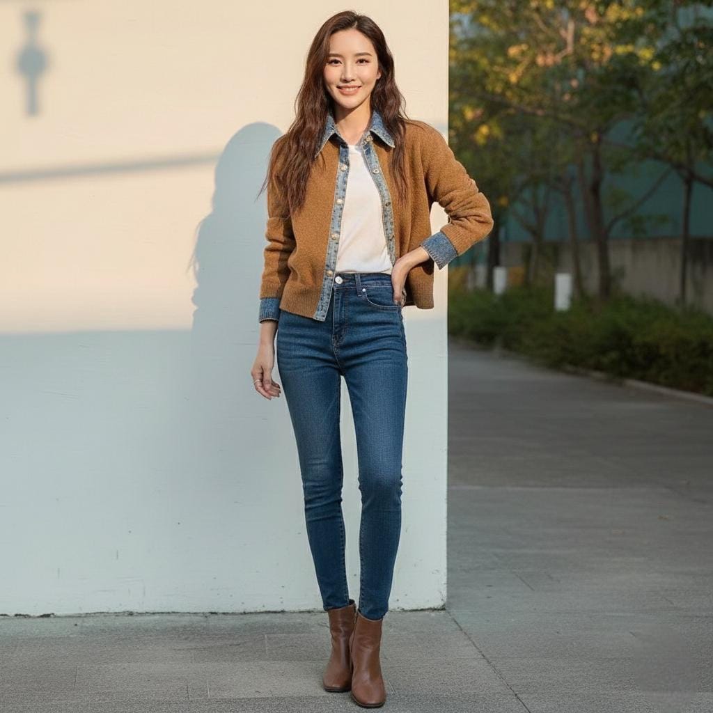 Womens Button Down Sweater With Denim Details