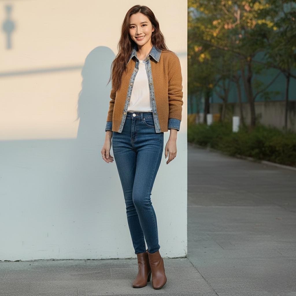 Womens Button Down Sweater With Denim Details