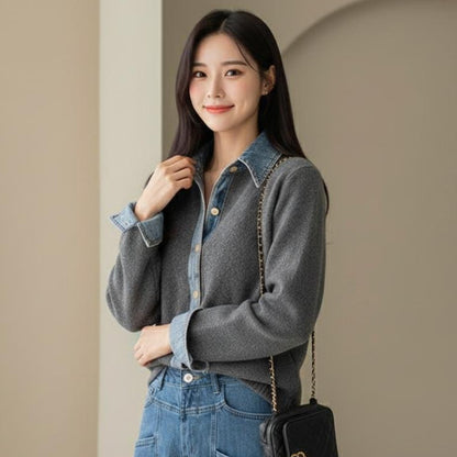 Womens Button Down Sweater With Denim Details