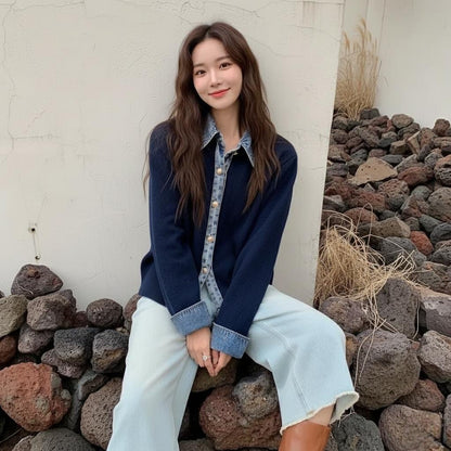 Womens Button Down Sweater With Denim Details