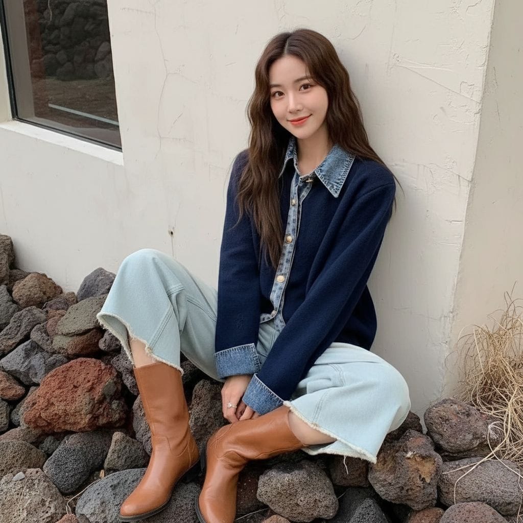 Womens Button Down Sweater With Denim Details