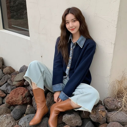 Womens Button Down Sweater With Denim Details