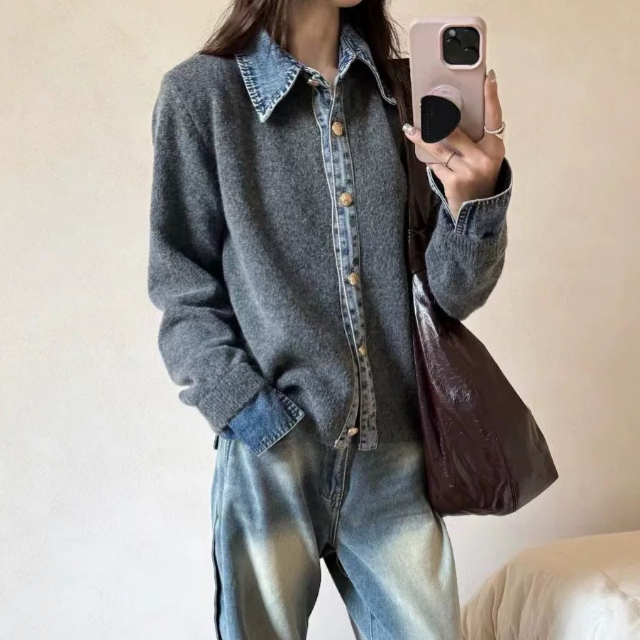 Womens Button Down Sweater With Denim Details