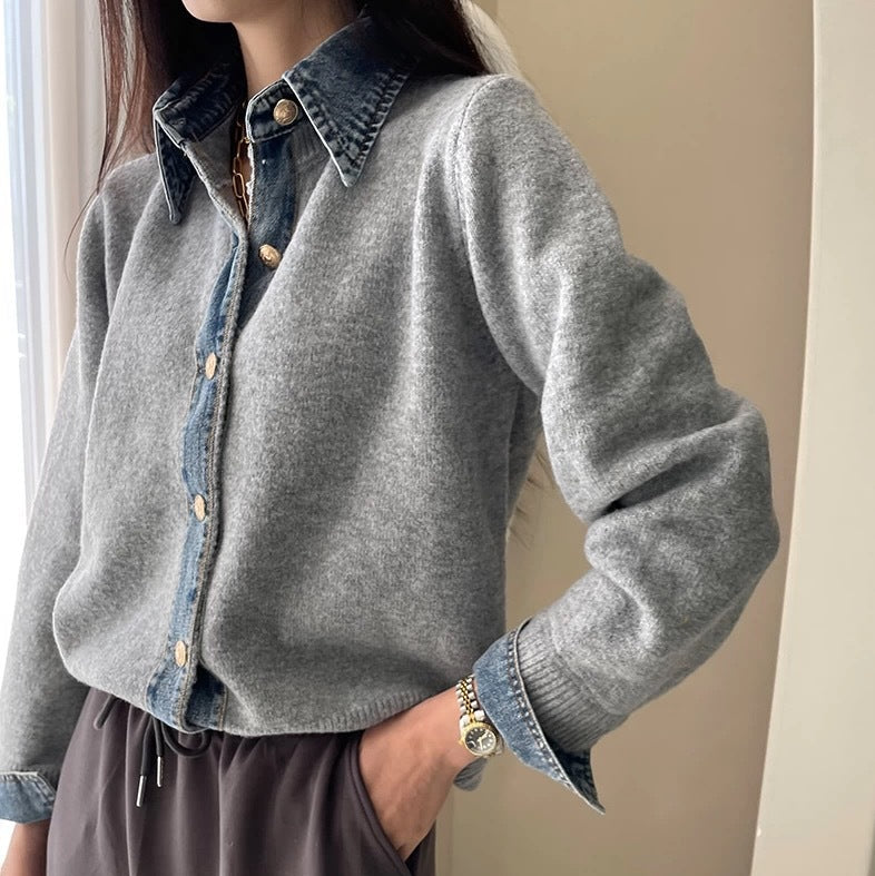 Womens Button Down Sweater With Denim Details