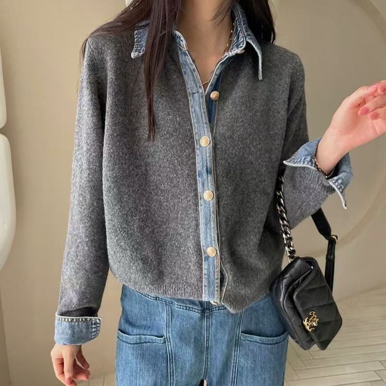 Womens Button Down Sweater With Denim Details
