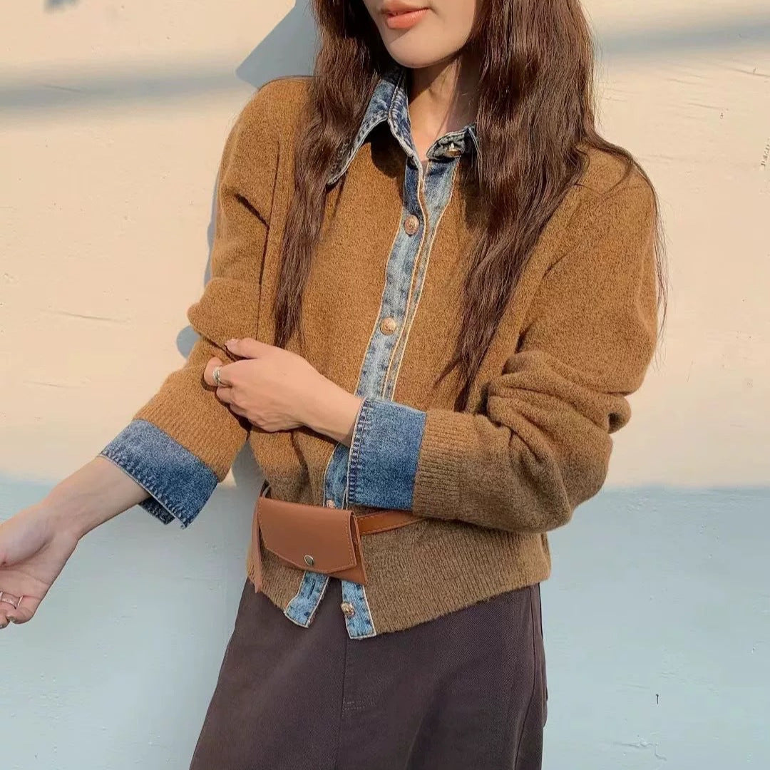 Womens Button Down Sweater With Denim Details