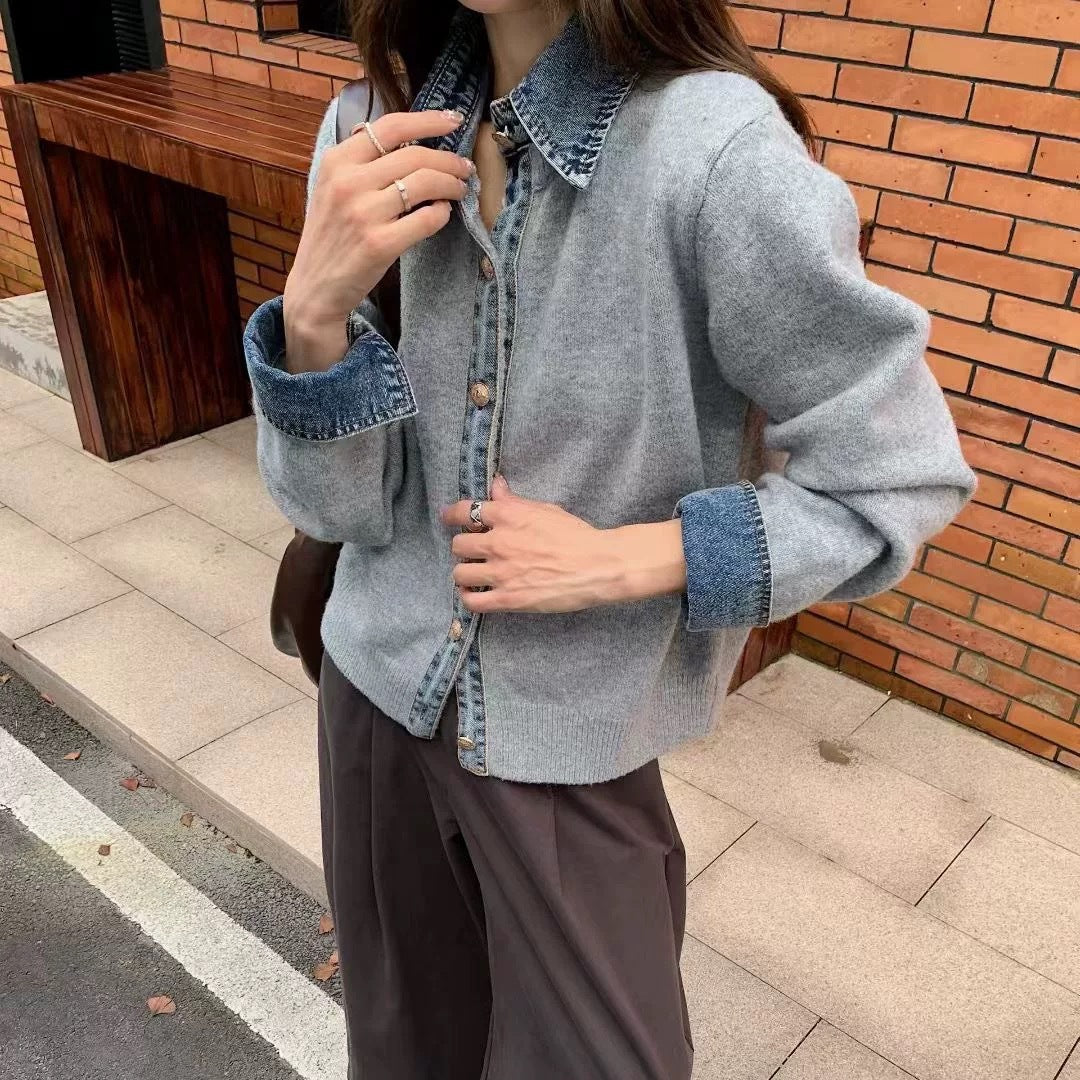 Womens Button Down Sweater With Denim Details