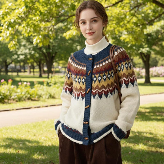 Womens Fair Isle Pattern Cardigan With Bamboo Style Button