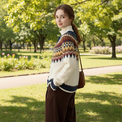 Womens Fair Isle Pattern Cardigan With Bamboo Style Button