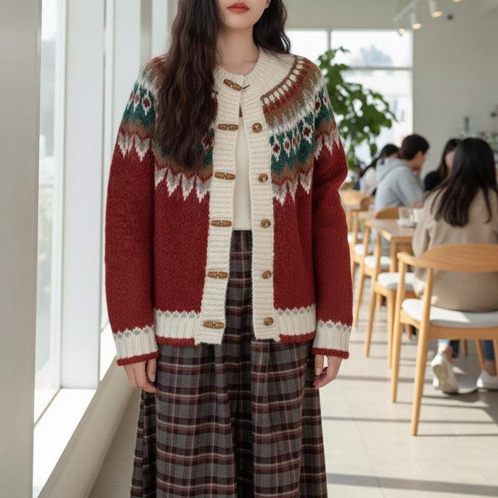Womens Fair Isle Pattern Cardigan With Bamboo Style Button