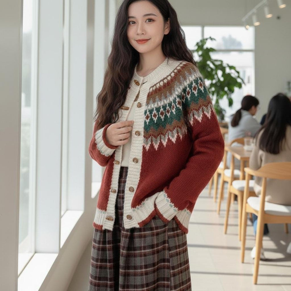 Womens Fair Isle Pattern Cardigan With Bamboo Style Button