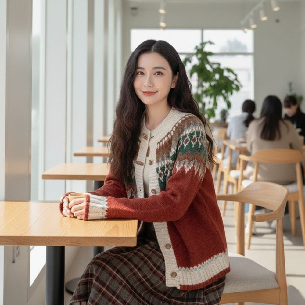 Womens Fair Isle Pattern Cardigan With Bamboo Style Button