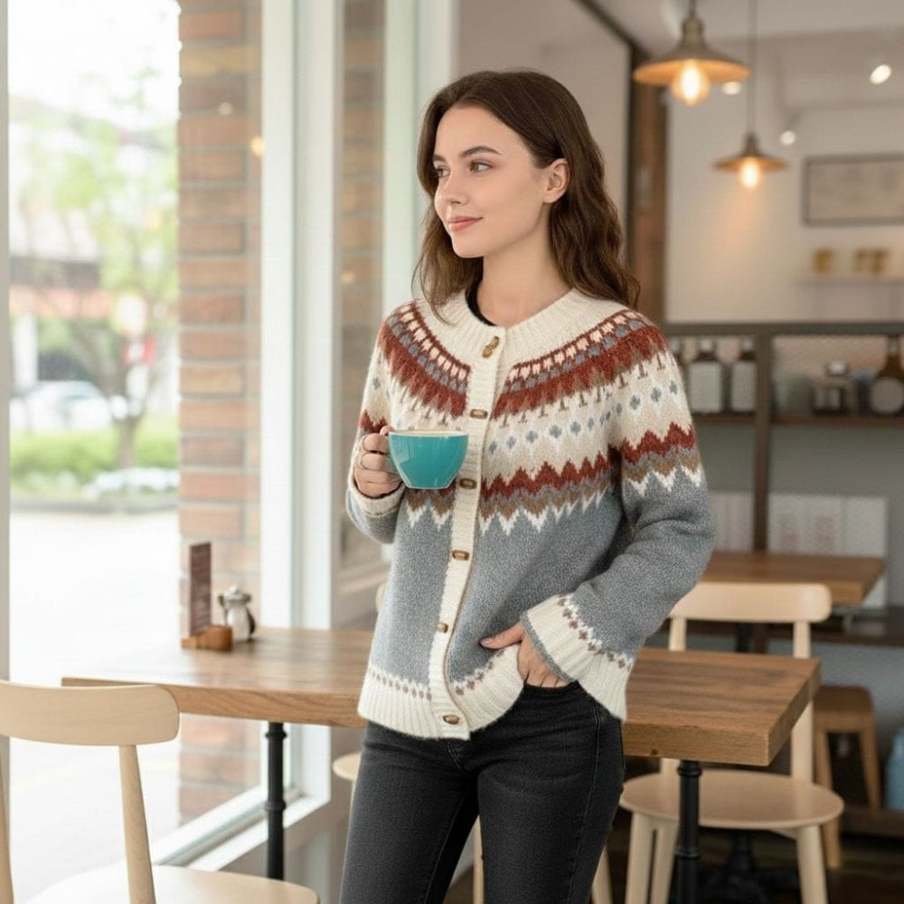 Womens Fair Isle Pattern Cardigan With Bamboo Style Button
