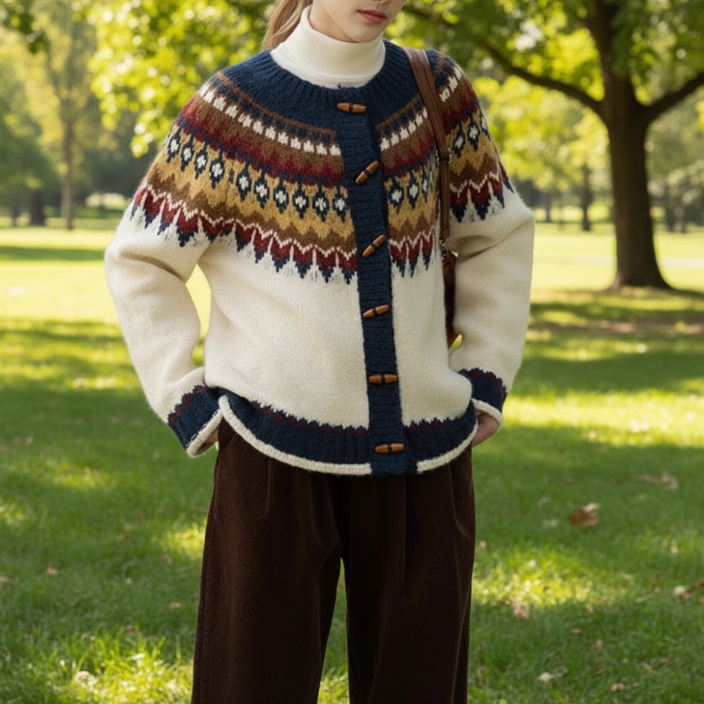 Womens Fair Isle Pattern Cardigan With Bamboo Style Button