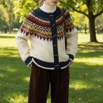 Womens Fair Isle Pattern Cardigan With Bamboo Style Button