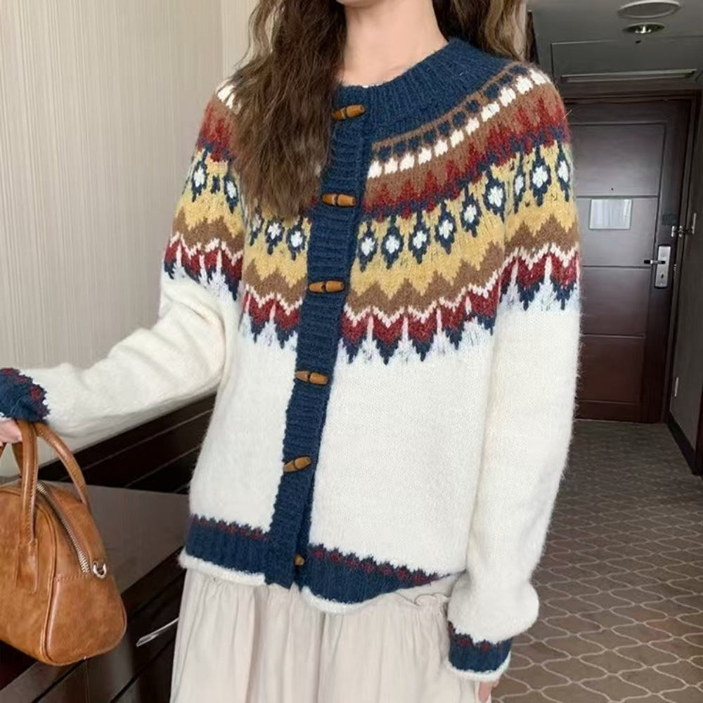 Womens Fair Isle Pattern Cardigan With Bamboo Style Button