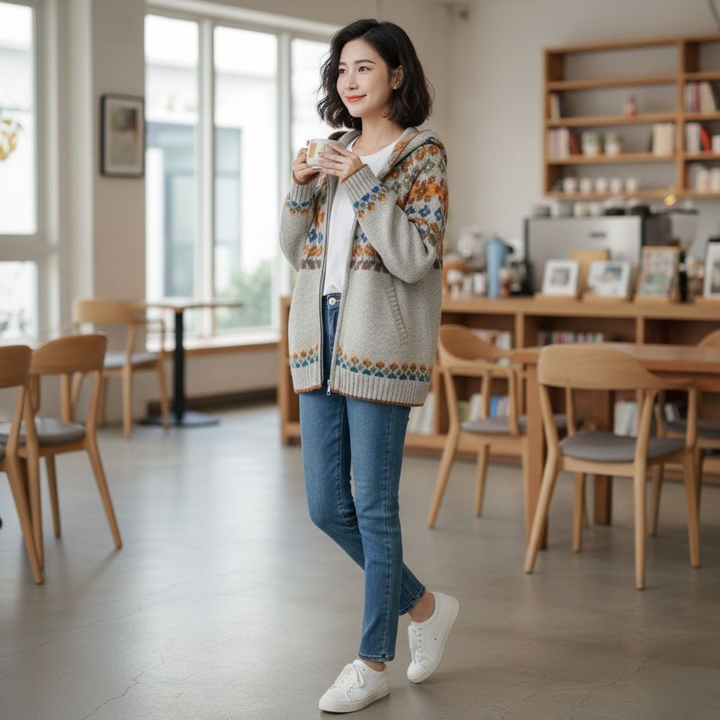 Womens Hooded Zipper Cardigan With Prints