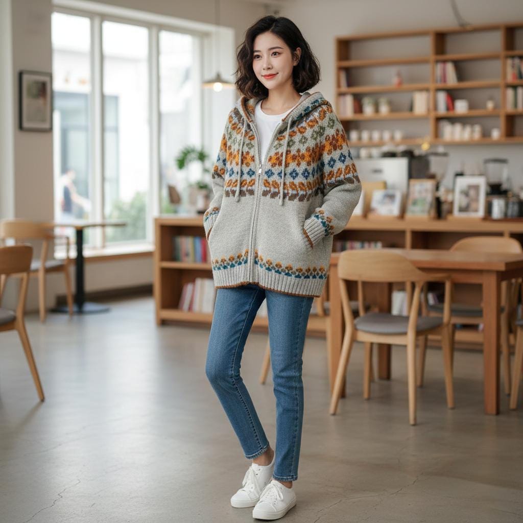 Womens Hooded Zipper Cardigan With Prints