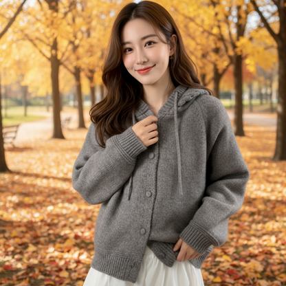 Womens Button Down Cardigan With Hollow Out Knit Hood