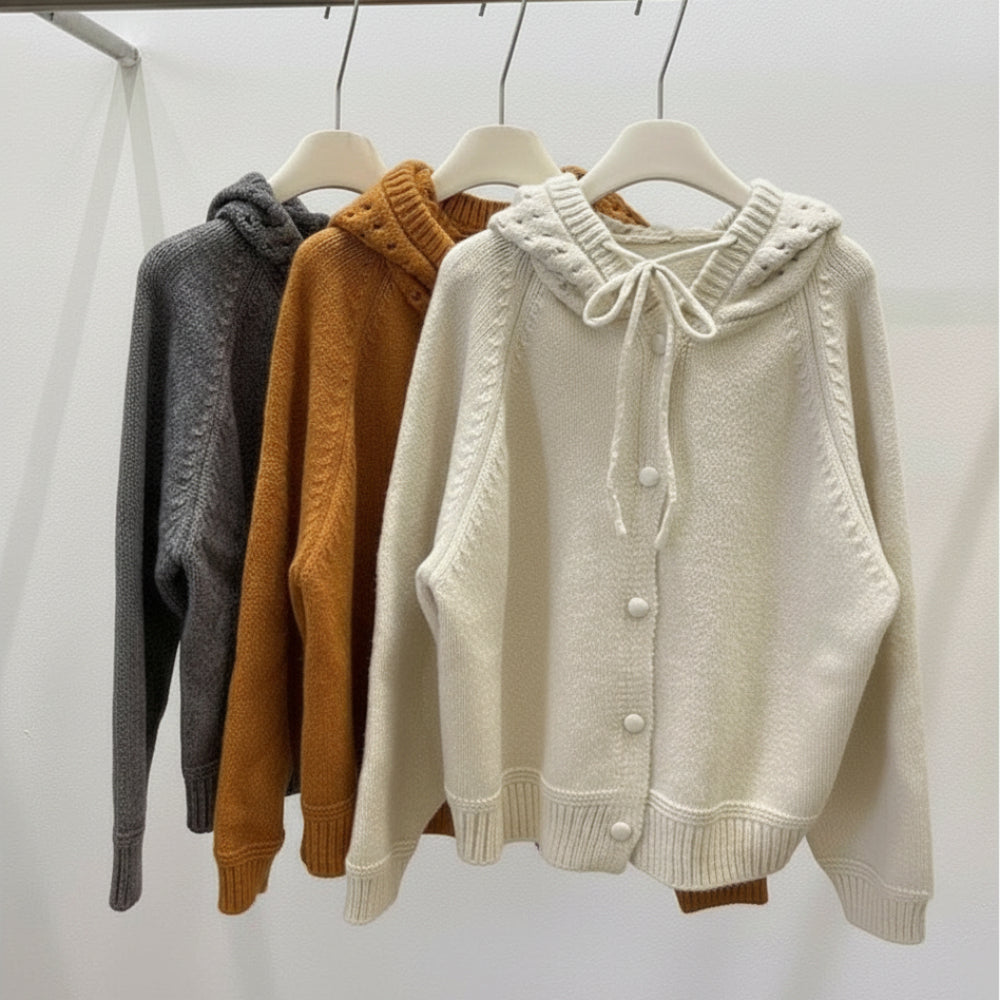 Womens Button Down Cardigan With Hollow Out Knit Hood