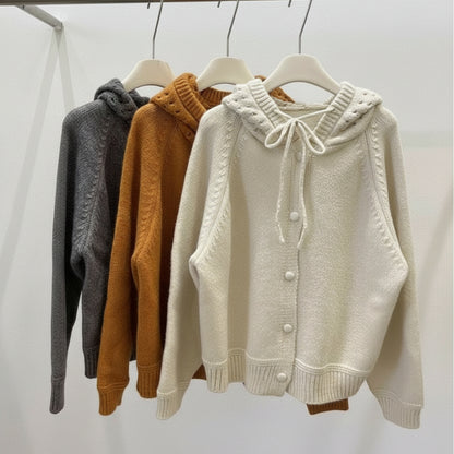 Womens Button Down Cardigan With Hollow Out Knit Hood