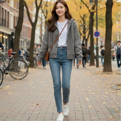 Womens Button Down Cardigan With Hollow Out Knit Hood