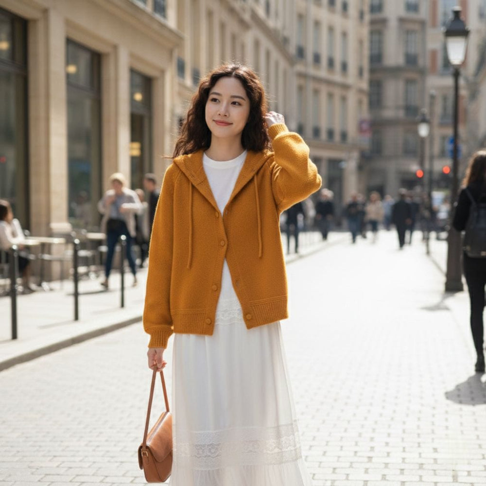 Womens Button Down Cardigan With Hollow Out Knit Hood